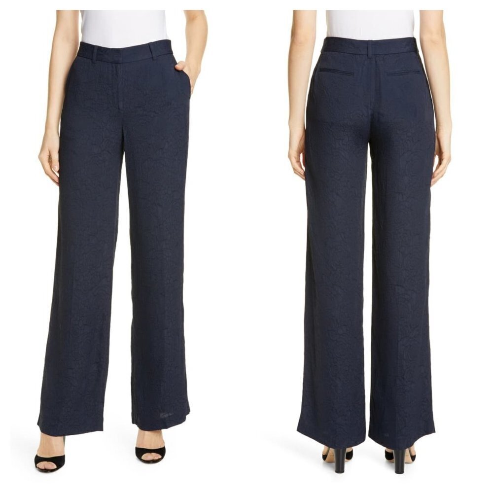 NEW Equipment Size 10 Arwen Floral Jacquard Navy Blue Wide Leg Trousers Pants